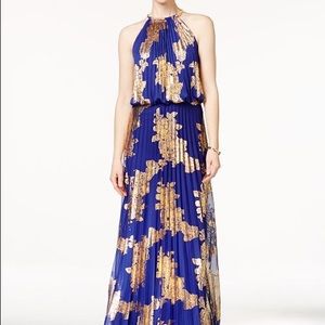 Metallic-Print Pleated Blouson Gown
